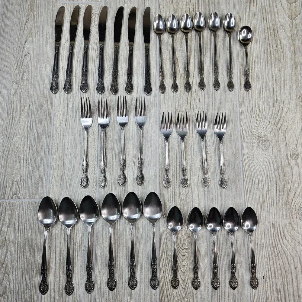 National Stainless Japan NST2 Floral Flatware Set 33pc Vintage Silverware Japan
